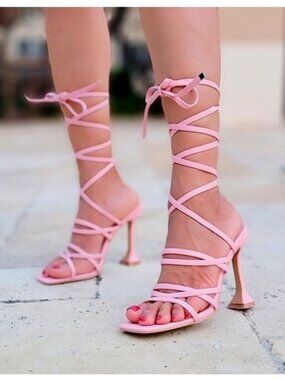 Women's Pink Strappy Pyramid Heel Gladiator Sandals